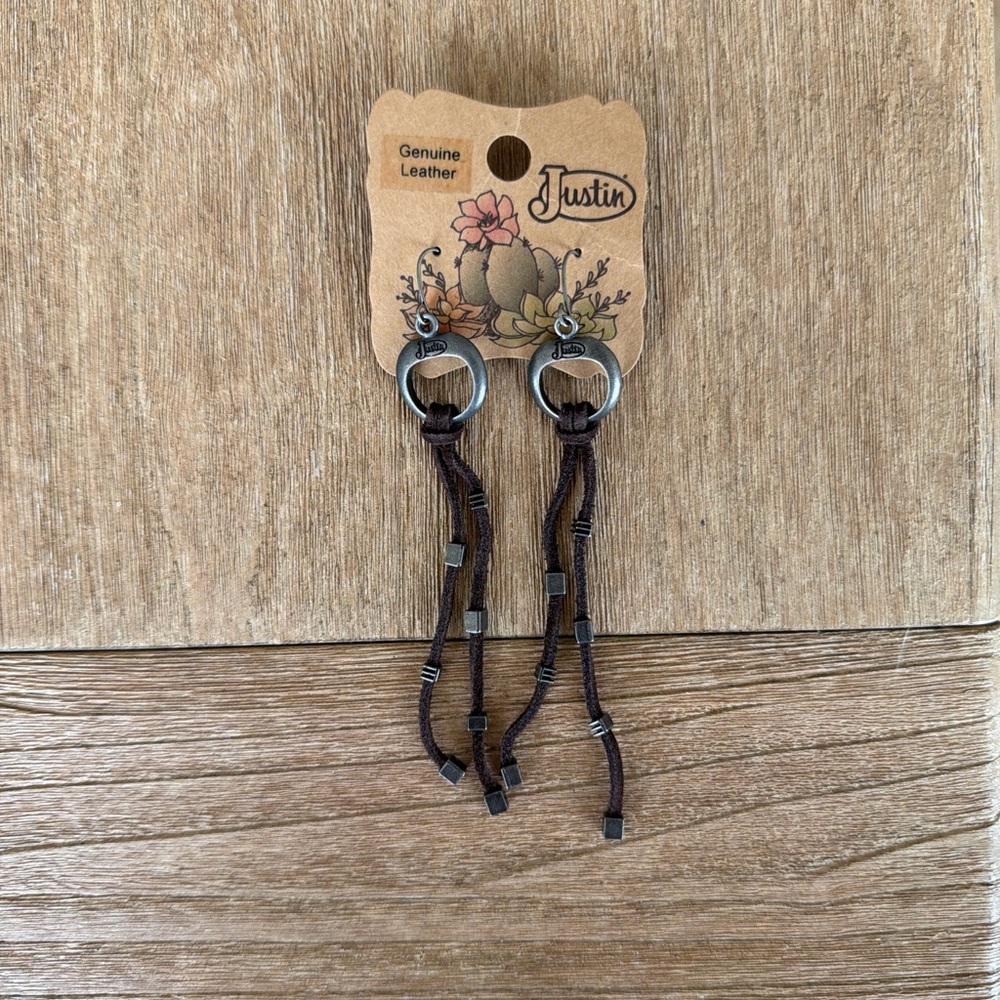 Justin Boots Brown Leather Tassel Hair Ties with Metal Rings